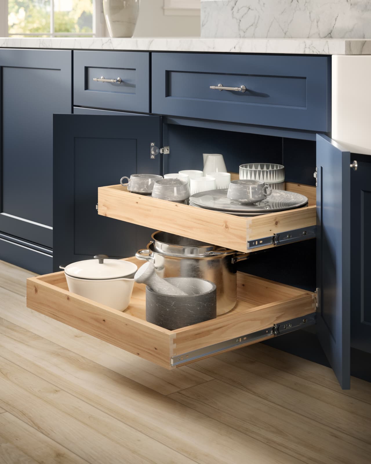 Navy cabinetry with roll-out trays